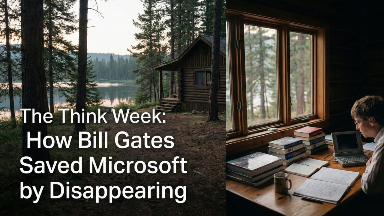 A secluded cabin in the woods representing solitude and deep work, with a stack of books on a desk
