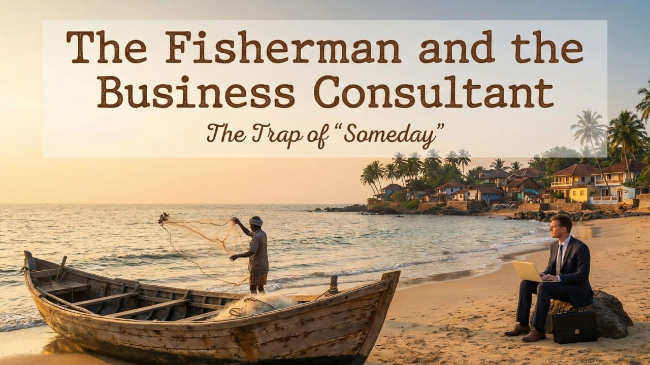 A fisherman relaxing by a boat in a small coastal village, talking to a businessman in a suit