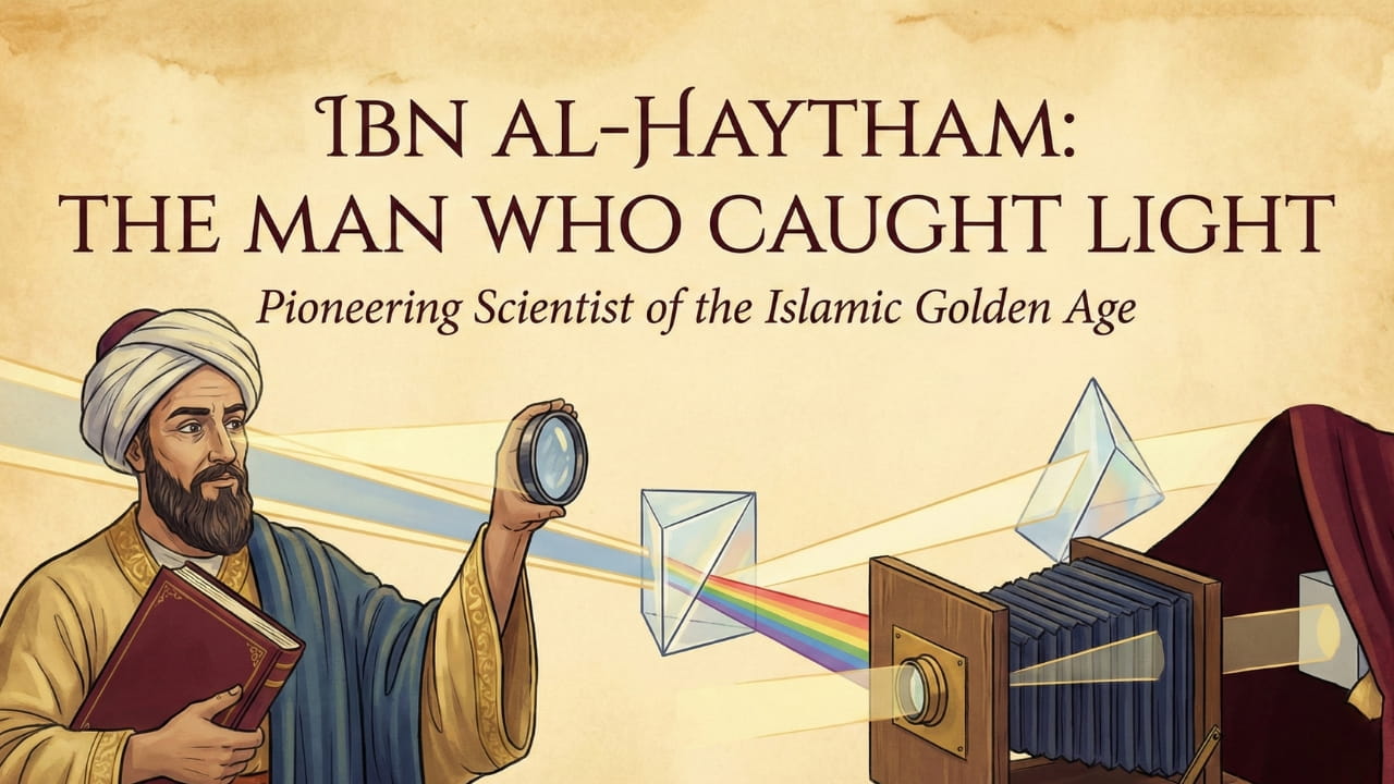 A historical illustration of Ibn al-Haytham working in a dark room with a beam of light