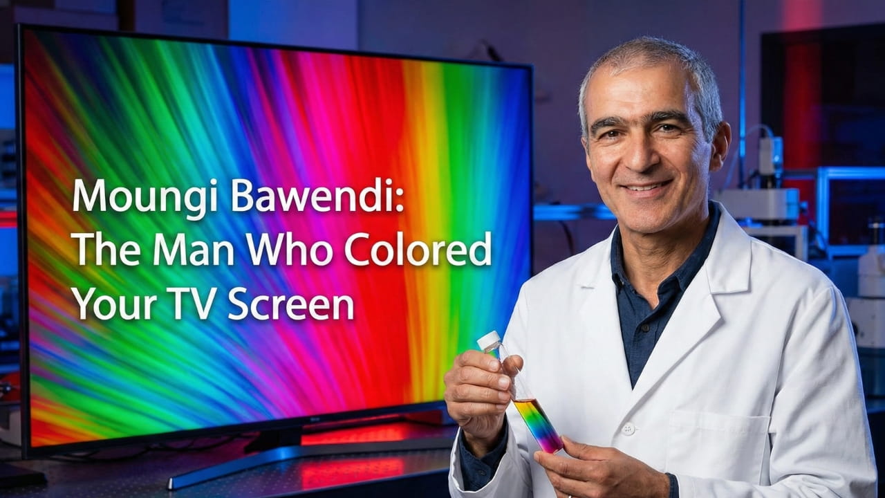 Moungi Bawendi holding a vial of glowing colorful liquid representing Quantum Dots