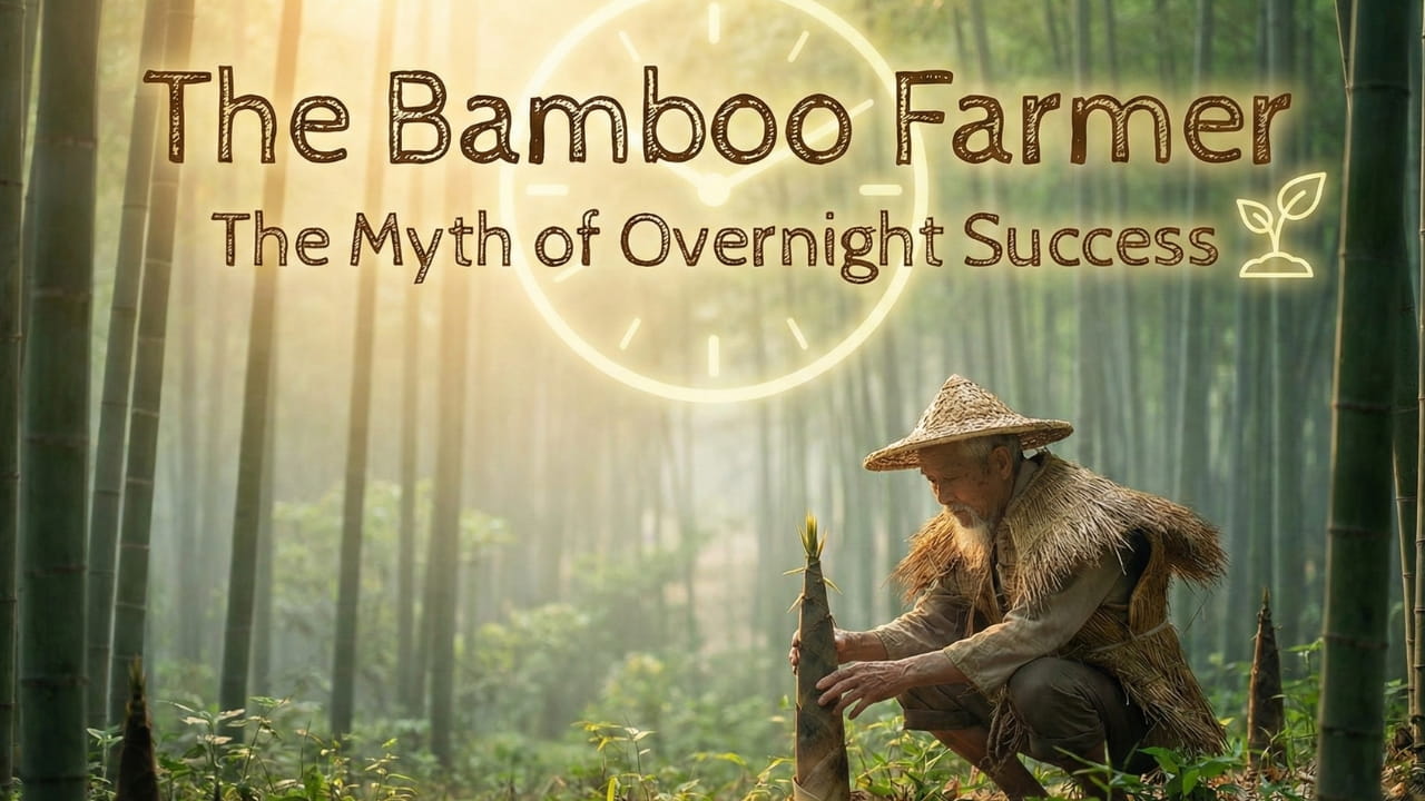 A humble farmer watering bare soil in a field, symbolizing patience and faith