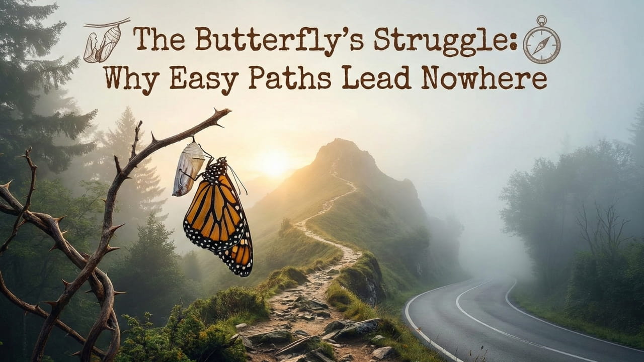 A beautiful butterfly struggling to emerge from its cocoon in a garden