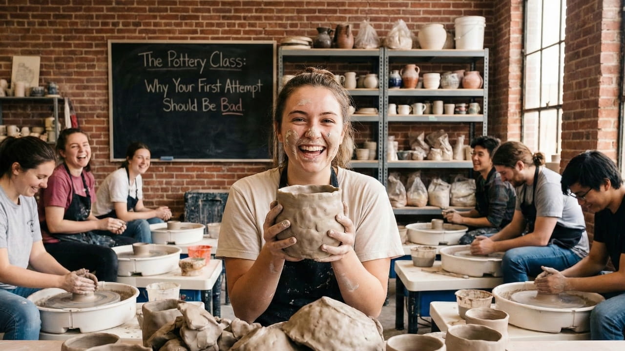 A student covered in clay working intensely at a pottery wheel, surrounded by imperfect pots