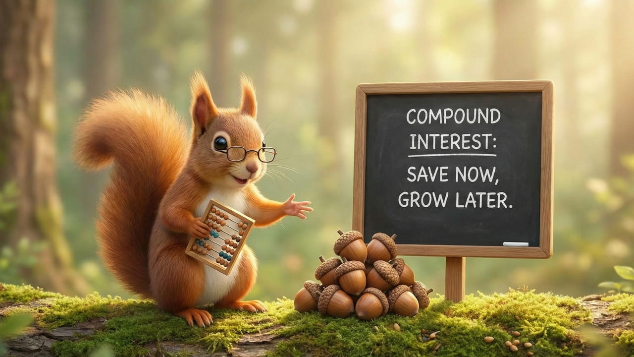 A wise squirrel planting an acorn in a sunlit forest, illustrating the concept of investment